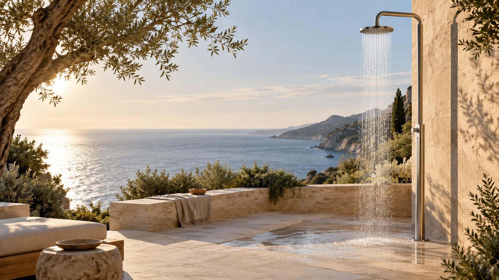 AI-generated coastal terrace with a conceptual stainless shower
